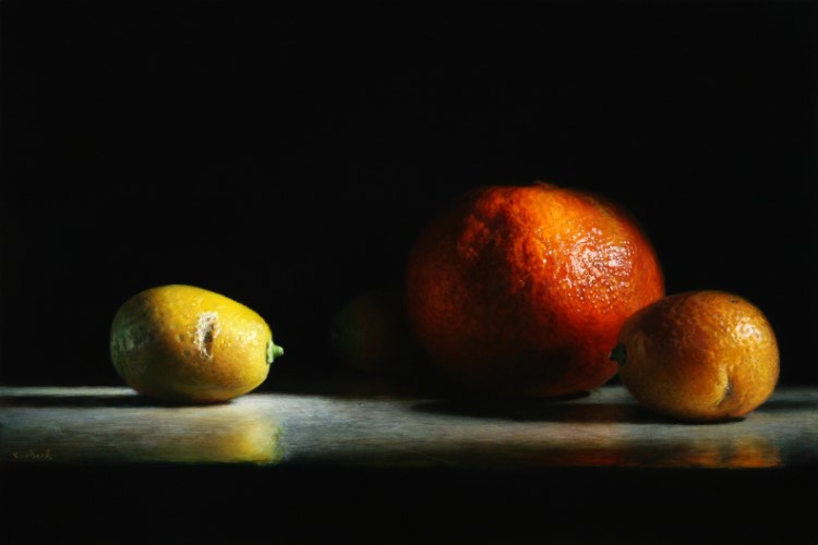 De ontmoeting<p>Stilleven met een mandarijn en drie kumquats tegen donkere achtergrond</p><p>Olieverf op paneel</p><p>25 x 16,5 cm</p><p>(verkocht)</p>