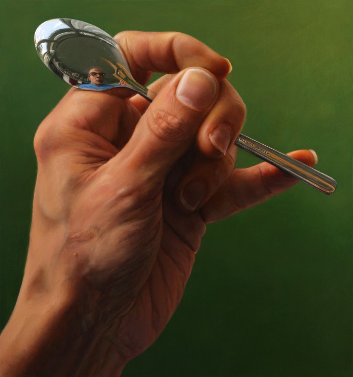 The Server<p>Hand with spoon in which self portrait is reflected</p><p>Oil paint on formica panel</p><p>16 x 17 cm</p><p></p>