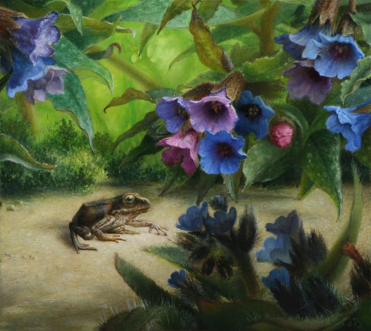 Paranoia<p>Frog in a landscape with lungwort and rough forget-me-not</p><p>Oil paint on panel</p><p>10,1 x 8,95 cm</p><p></p>